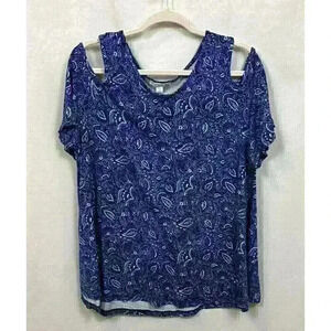 Westport 1962 Womens 1X Blue White Floral Cold Shoulder Short Sleeve Rayon Top